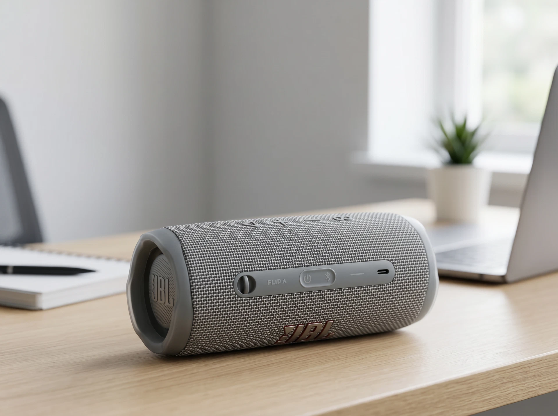JBL Flip 6 серый в интерьере — компактная колонка на столе