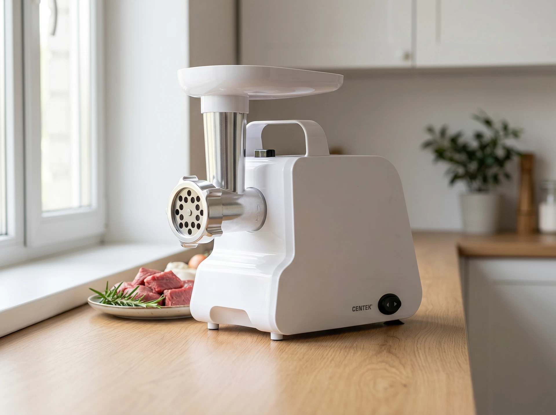 Centek CT-1603 белая мясорубка на кухонной столешнице