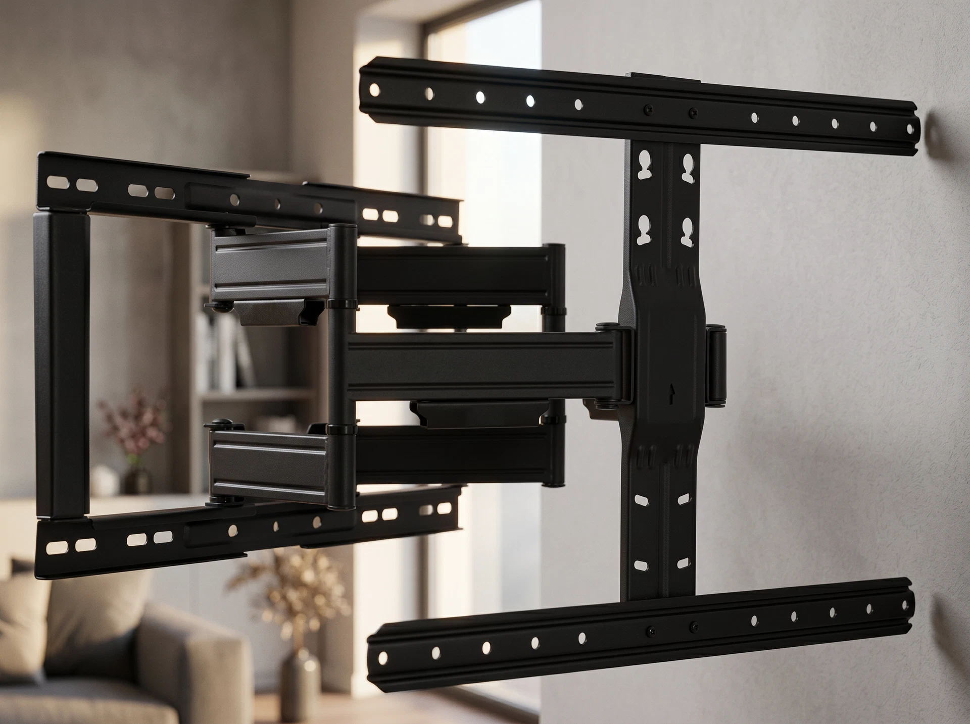 Kromax Ultra Slim-102 black наклонно-поворотный кронштейн установлен в интерьере гостиной