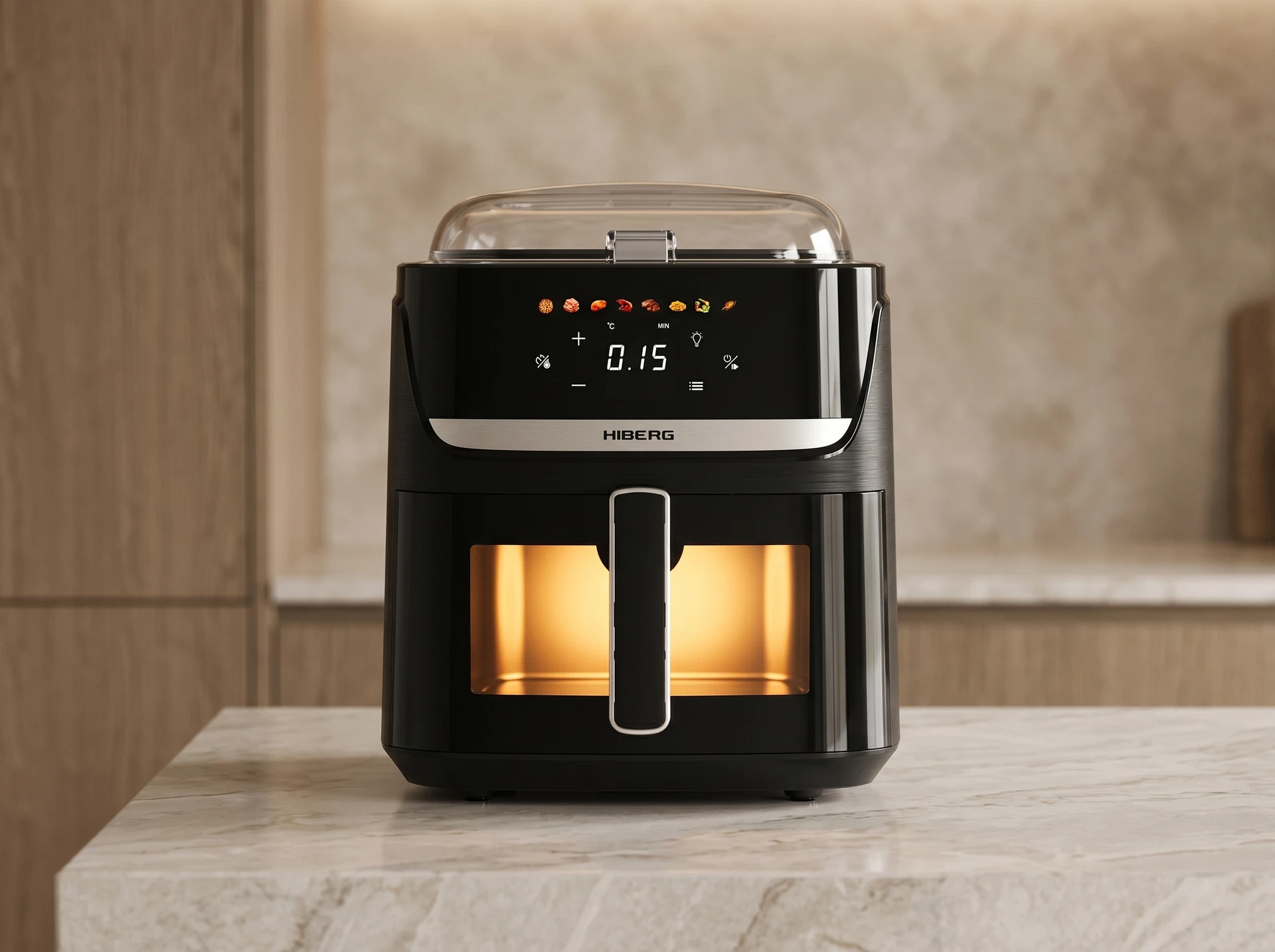 Hiberg MGF 800 B черный в интерьере кухни — компактный аэрогриль на столешнице